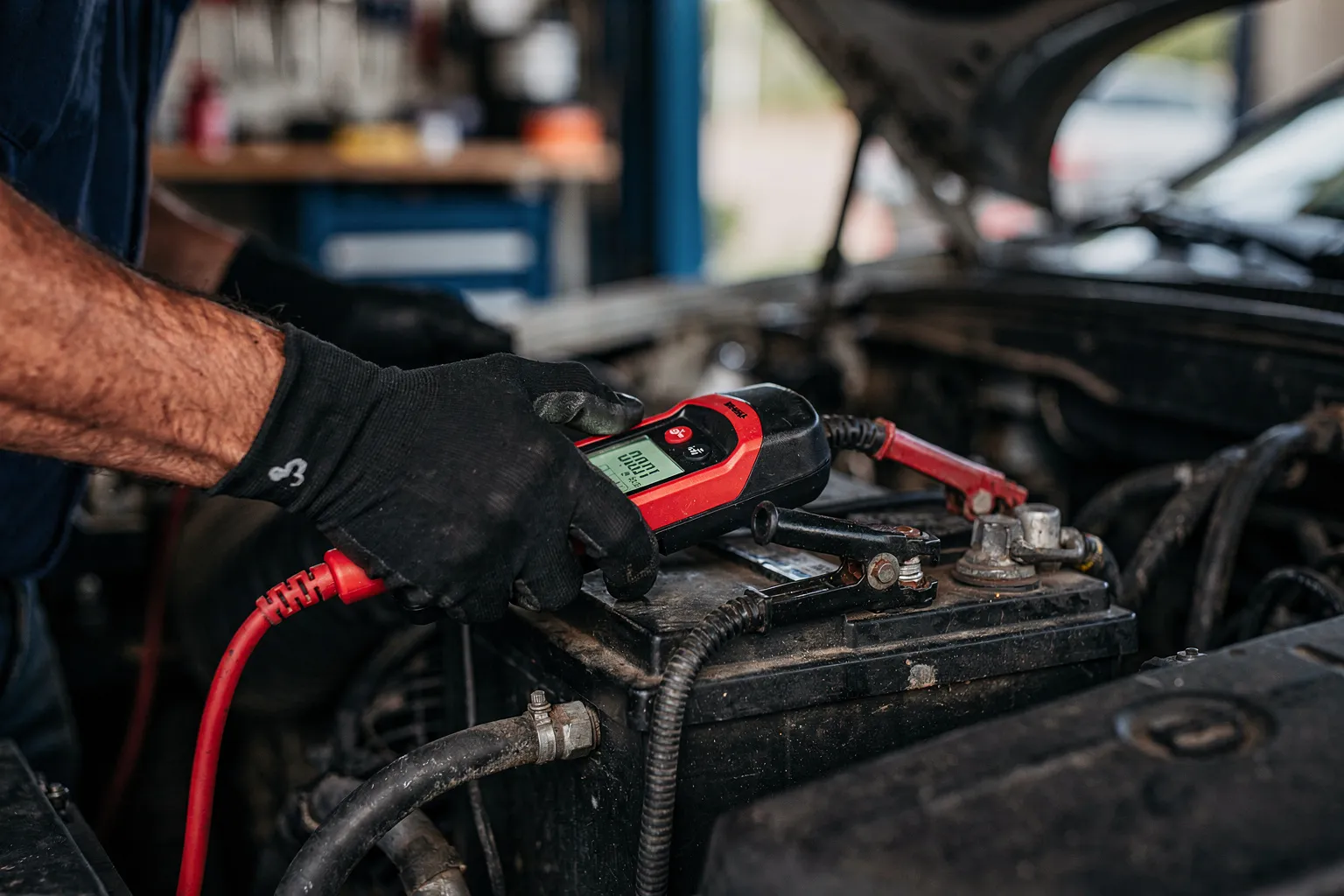 Mecánico comprobando la batería del coche con un medidor en los bornes
