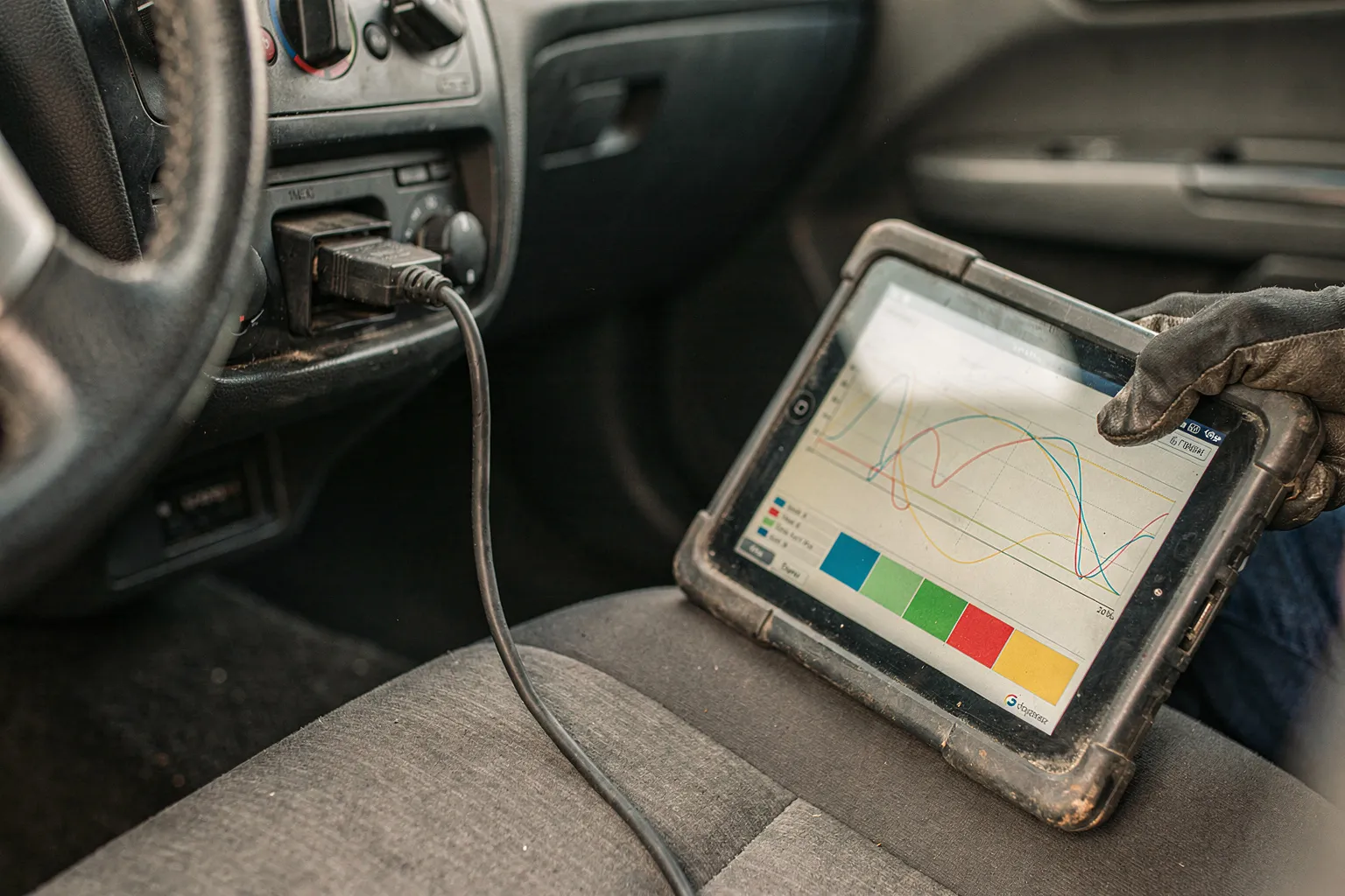 Equipo de diagnosis conectado al puerto OBD de un coche con una tableta de lectura