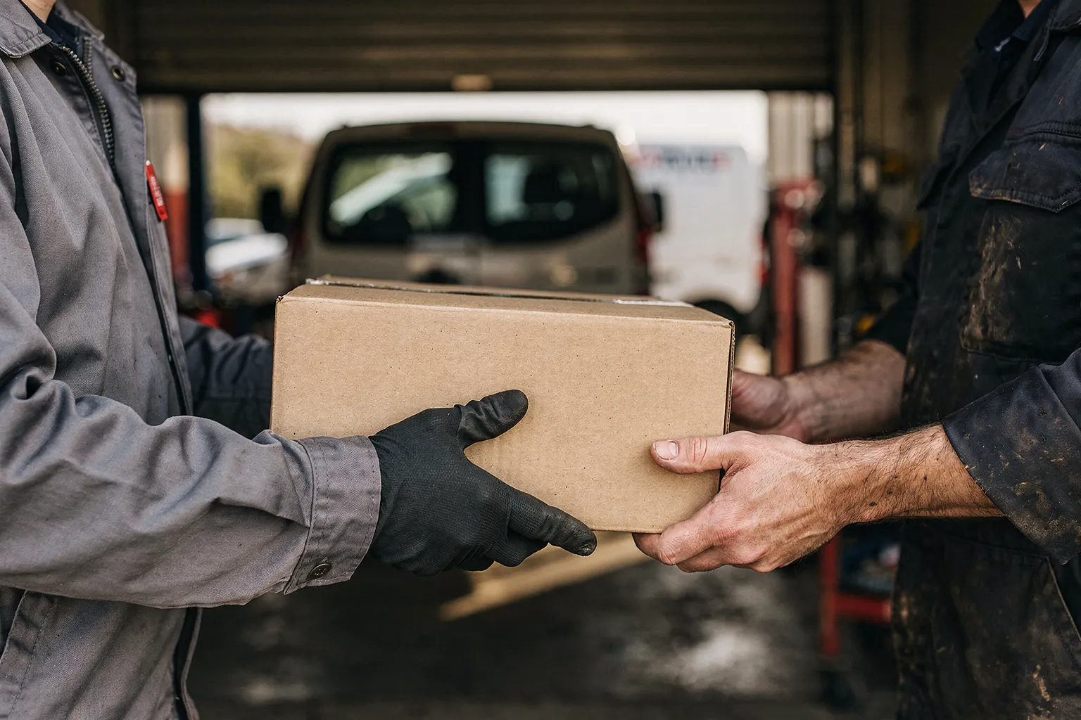 Un repartidor entrega en el portón del taller la caja con la pieza pedida